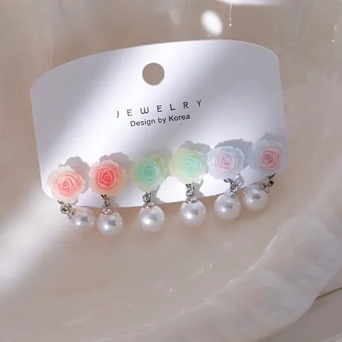 Dolci Orecchini a Bottone Romantici in Resina a Forma di Camelia con Perla Artificiale Set Stile Coreano Gioielli Floreali Donna