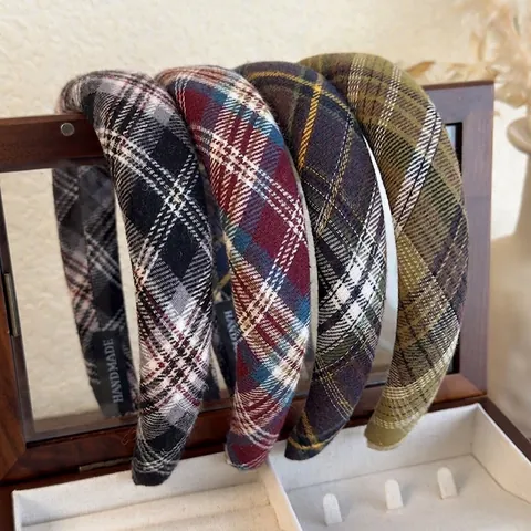 Cerchietto Imbottito a Quadri Retro Stile Accademico Coreano Fascia in Tessuto Fatto a Mano Copricapo Tartan Vintage Donna