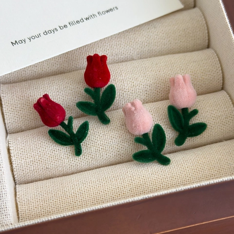 Dolci Orecchini a Perno a Tulipano per Donna Rosa Rosso Floccatura Lega Orecchini Floreali Gioielli di Moda Stile Coreano Regalo