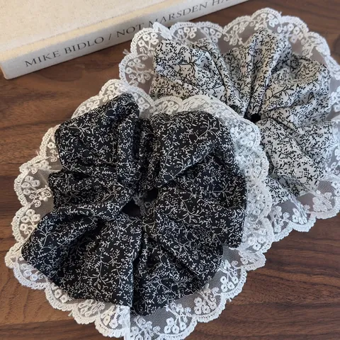French Vintage Floral Print Fabric Scrunchie With Elegant Lace Trim Large Hair Tie Sweet Hair Band Accessories For Women