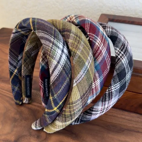 Cerchietto Imbottito a Quadri Retro Stile Accademico Coreano Fascia in Tessuto Fatto a Mano Copricapo Tartan Vintage Donna