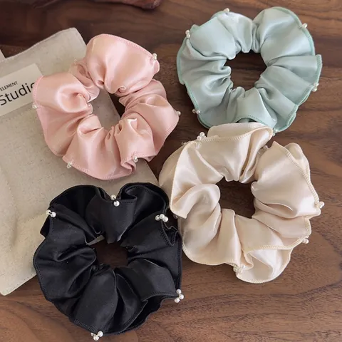 Elegante Elastico in Raso con Perline per Donna Tessuto di Raso Lucido Bordo a Volant Perline Cucite a Mano Elastico per Capelli Alta Elasticità Accessori