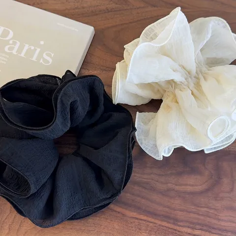Coletero Grande Estilo Francés Plisado de 4 Capas con Encaje Elegante Cuerda de Tela para Cabello Beige Negro Accesorios para Mujer