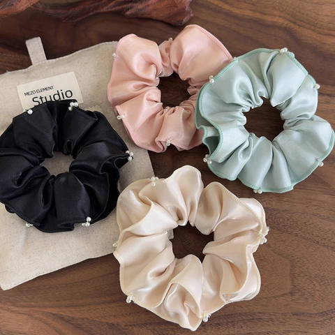 Elegante Elastico in Raso con Perline per Donna Tessuto di Raso Lucido Bordo a Volant Perline Cucite a Mano Elastico per Capelli Alta Elasticità Accessori