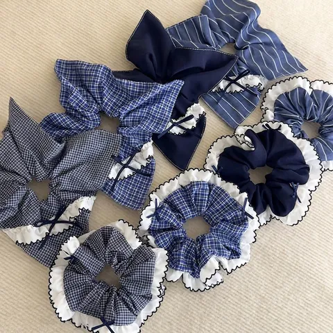 Korean Style Fabric Bow Scrunchies For Women Blue Plaid Striped Elastic Hair Bands With Lace Trim Sweet Hair Accessories