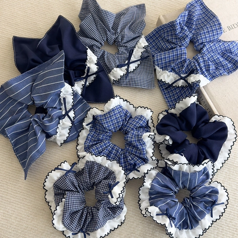 Korean Style Fabric Bow Scrunchies For Women Blue Plaid Striped Elastic Hair Bands With Lace Trim Sweet Hair Accessories