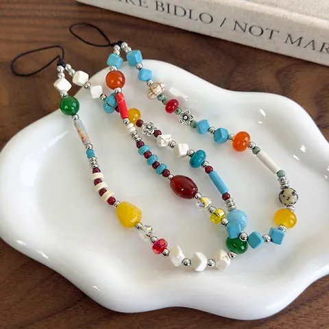 Bohemian Natural Stone Resin Beaded Phone Lanyard Colorful Handmade Wrist Strap For Women Daily Use Versatile Accessory