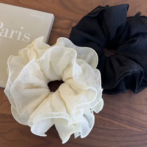 Coletero Grande Estilo Francés Plisado de 4 Capas con Encaje Elegante Cuerda de Tela para Cabello Beige Negro Accesorios para Mujer