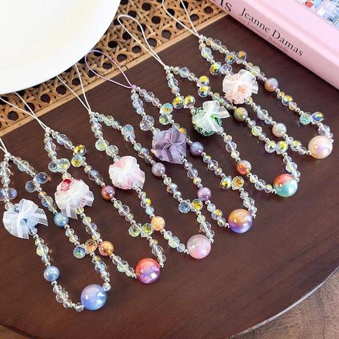 Iridescent Glass Beaded Phone Lanyard Wrist Strap Sweet Fabric Flower Lace Bow Phone Chain Anti-Lost Charm For Women Jewelry