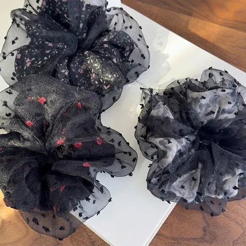 Großes Schwarzes Netz Blumen Haargummi Elegant Organza Beflockte Punkte Damen Vintage Floral Haar Accessoire Party