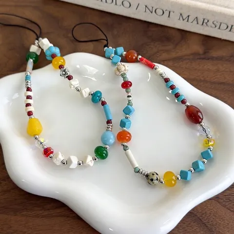 Bohemian Natural Stone Resin Beaded Phone Lanyard Colorful Handmade Wrist Strap For Women Daily Use Versatile Accessory