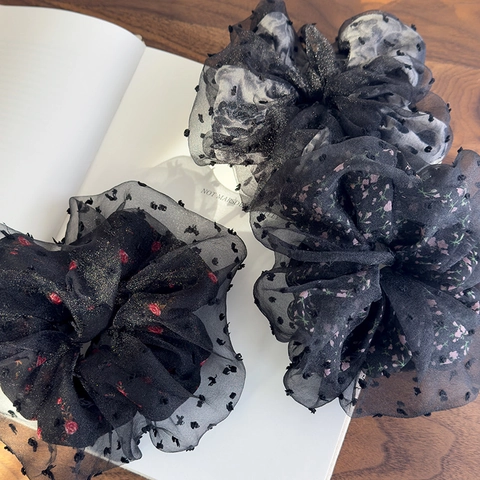 Großes Schwarzes Netz Blumen Haargummi Elegant Organza Beflockte Punkte Damen Vintage Floral Haar Accessoire Party