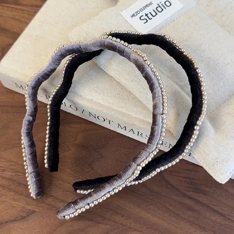 Vintage Wavy Velvet Headband With Faux Artificial Pearl Elegant French Padded Hair Hoop For Women Daily Chic Hair Accessories