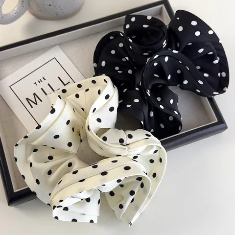 Scrunchie in Raso a Pois Stile Francese Bordo a Volant Alta Elasticità Elegante Fermacoda Retrò Per Donne Ragazze