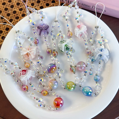 Cordino per Cellulare in Vetro Cangiante con Perline Cinturino da Polso Fiore in Tessuto Dolce Fiocco in Pizzo Ciondolo Donna