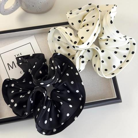 Scrunchie in Raso a Pois Stile Francese Bordo a Volant Alta Elasticità Elegante Fermacoda Retrò Per Donne Ragazze