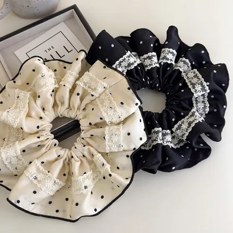 Franse Stijl Polkadot Satijn Scrunchies Met Witte Kant Trim Grote Elastische Haarelastiekjes Zoete Vintage Haarbanden Voor Vrouwen