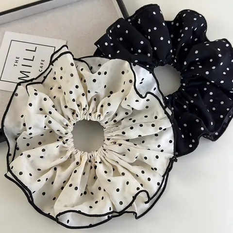 Oversized Chiffon Polkadot Scrunchies Double Layer Elastic Hair Ties Beige Black Ponytail Holders Women Hair Accessories