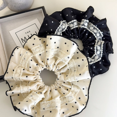 Franse Stijl Polkadot Satijn Scrunchies Met Witte Kant Trim Grote Elastische Haarelastiekjes Zoete Vintage Haarbanden Voor Vrouwen