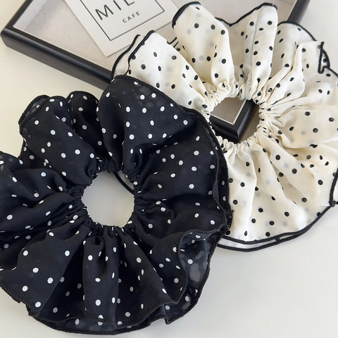 Oversized Chiffon Polkadot Scrunchies Double Layer Elastic Hair Ties Beige Black Ponytail Holders Women Hair Accessories