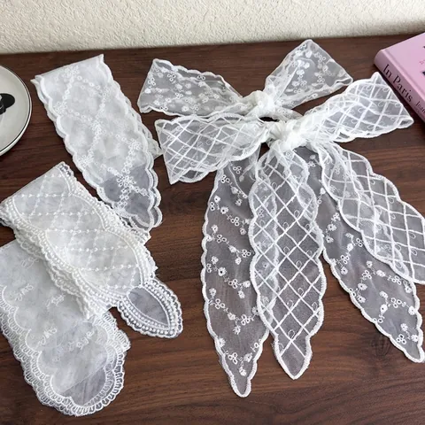French Vintage Lace Hair Band Floral Embroidery Mesh Long Bow Ribbon Sweet Romantic Headband For Women Girls Styling