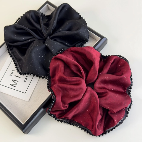 Oversized Satijnen Shimmer Scrunchies Met Kralenrand Glitter Grote Haarelastiekjes Voor Dames Dagelijks Feest Haaraccessoires