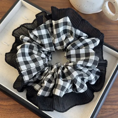 Scrunchie Gingham Vintage Francese Con Bordo in Rete Plissettata Elegante Elastico per Capelli a Scacchi Nero Bianco Donna