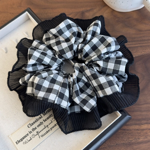 Scrunchie Gingham Vintage Francese Con Bordo in Rete Plissettata Elegante Elastico per Capelli a Scacchi Nero Bianco Donna