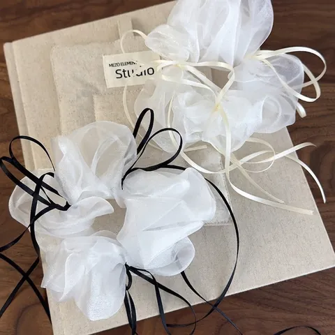 Franse Stijl Elegante Gaas Scrunchies Met Lang Lint Strik Wit En Zwart Strik Haarelastiekjes Atmosferische Haaraccessoires Dames