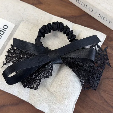 Elastico per Capelli Retrò Francese con Fiocco in Pizzo Nero per Donna Elegante Fiocco in Raso Corda per Capelli in Tessuto Accessori