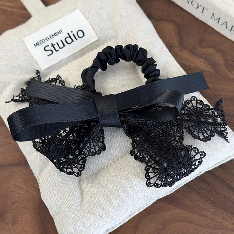 Elastico per Capelli Retrò Francese con Fiocco in Pizzo Nero per Donna Elegante Fiocco in Raso Corda per Capelli in Tessuto Accessori