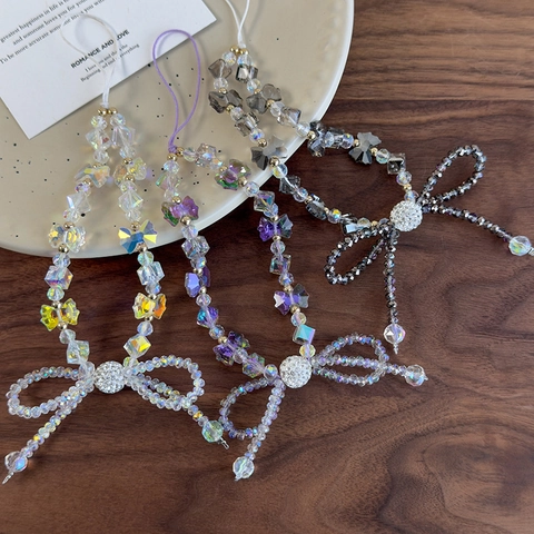 Fashion Iridescent Glass Beaded Phone Lanyard Rhinestone Bow Butterfly Wrist Strap Charm For Women Daily Tourism Tech Accessory