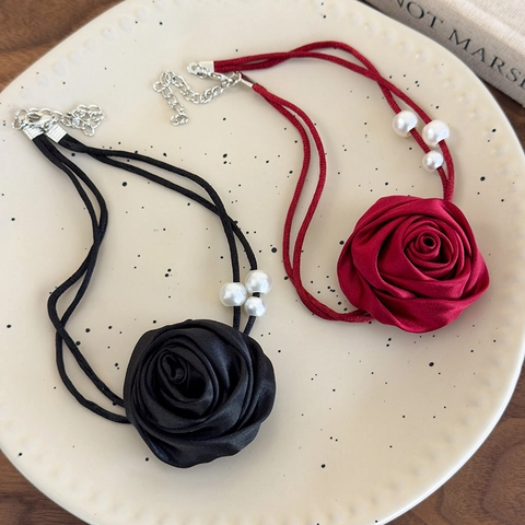 Handgemacht Stoff Rose Blume Choker Halskette Für Damen Vintage Kamelie Halsband Mit Künstliche Perle Verstellbare Schmuck