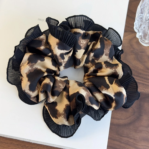 Haargummi Mit Leopardenmuster Und Schwarzer Spitzenkante Vintage Chiffon Elastisches Haarband Mode Kopfschmuck Damen