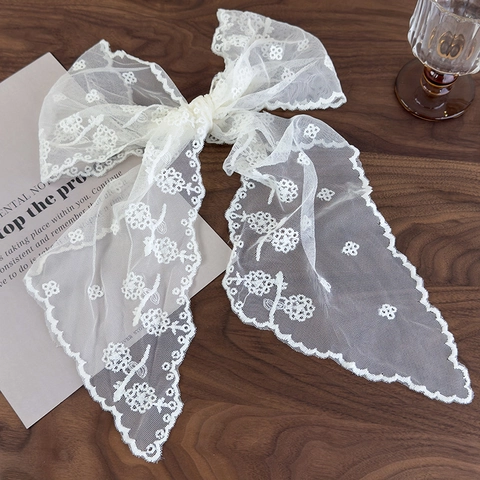 Bufanda de Mujer Vintage Francés de Encaje Blanco con Bordado Floral Elegante Bufanda Larga Delgada de Malla con Bordes Festoneados