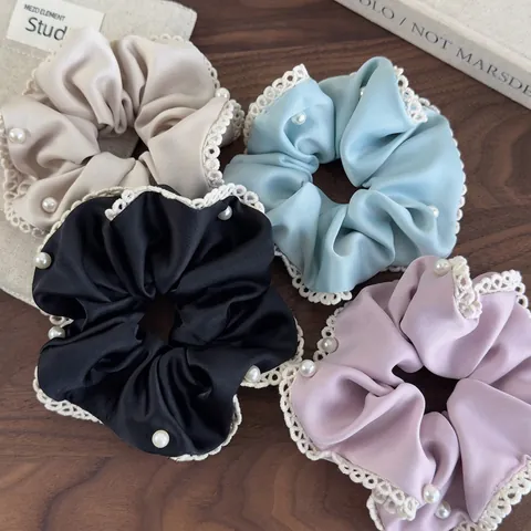 Coleteros de Satén Retro Francés Con Borde de Encaje Calado Y Perla Artificial Elegantes Lazos Para El Cabello Accesorios Para Mujer