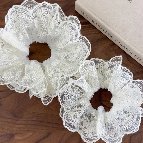 Coletero Grande con Borde de Encaje Vintage Francés Estilo Ballet Dulce Cintas para Pelo Malla Elegante Bordado Floral para Mujer