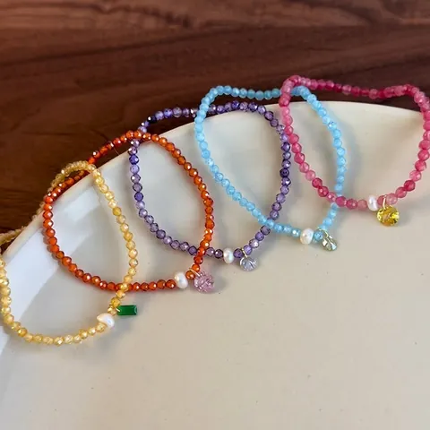 Braccialetto di Perline di Vetro Multicolore in Stile Coreano per Donna Con Perla Artificiale e Ciondolo in Cristallo Dolce Gioielli Regalo Studenti
