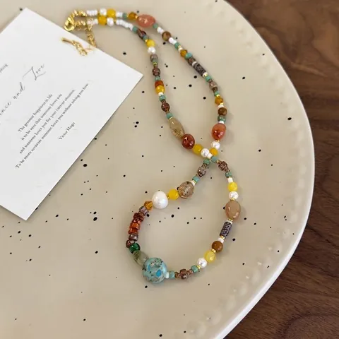 Stile Maillard Collana Multicolore Con Perline Di Pietra Naturale Perla Artificiale Vetro Vintage Bohemian Collana Per Donna