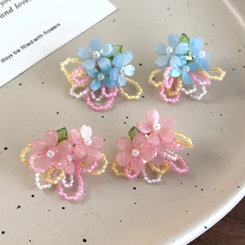 Acrylic Resin Flower Stud Earrings With Artificial Pearl Colorful Beaded Korean Fresh Sweet Floral Vacation Style Jewelry For Women