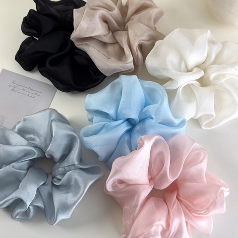 French Style Oversized Organza Scrunchie Soft Shiny Satin Elastic Hair Tie For Women Retro Pleated Headwear Accessories