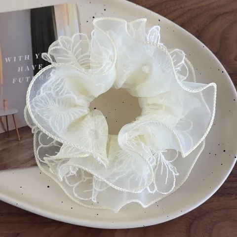 Coletero de Encaje de Flor de Organza Beige Estilo Coreano Doble Capa Plisado Malla Lazo para el Cabello Floral Mujer