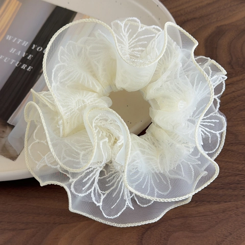 Coletero de Encaje de Flor de Organza Beige Estilo Coreano Doble Capa Plisado Malla Lazo para el Cabello Floral Mujer