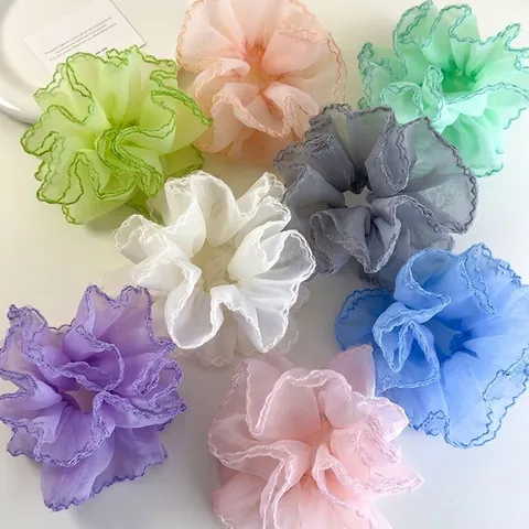 Large Organza Scrunchies Sweet Korean Style Mesh Fabric Hair Ties With Wavy Edge Ruffle Elastic Hair Bands For Women Girls