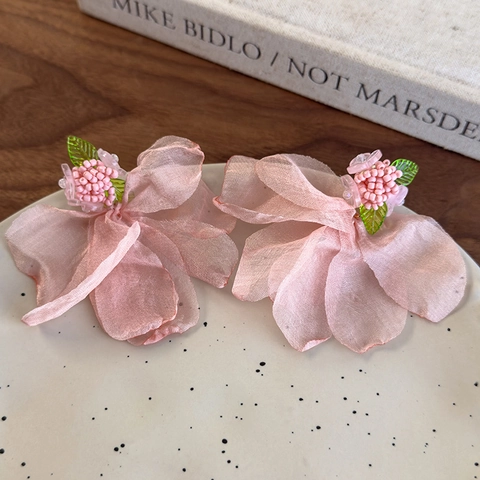 Bosstijl Roze Chiffon Bloemblad Oorknopjes Voor Dames Romantische Bloemen Oorbellen Handgemaakte Stoffen Sieraden Accessoire