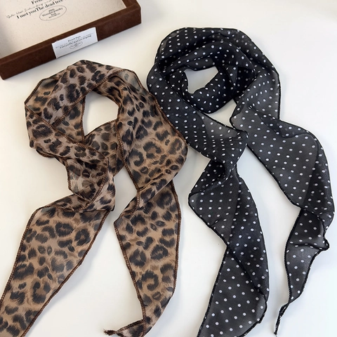 Women's Leopard Polka Dot Tie-dyed Narrow Long Scarf Skinny Twilly Neck Tie Scarf Bag Handle Wrap Hair Band Scarf Fashion Accessory