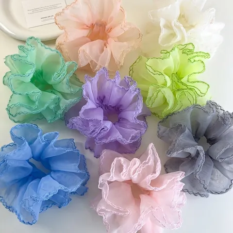 Large Organza Scrunchies Sweet Korean Style Mesh Fabric Hair Ties With Wavy Edge Ruffle Elastic Hair Bands For Women Girls