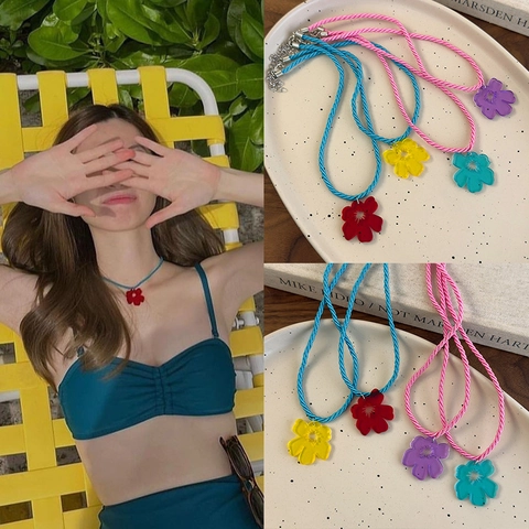 Lindo Collar con Colgante de Flor de Acrílico de Color de Contraste Cadena de Clavícula de Cordón Trenzado Colorido Joyería