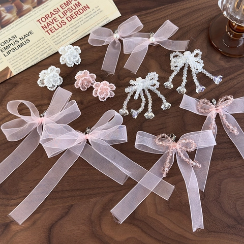 Fiocco in Nastro Rosa Ciondoli per Scarpe Fiore di Organza Cristallo Perline Fibbie per Scarpe per Sneakers Stile Balletcore Charms Decorativi per Donna