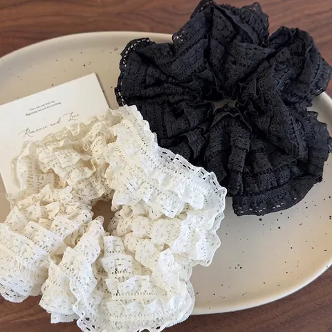 Grote Gebreide Polyester Scrunchie Met Kant Geplooid Ontwerp Franse Vintage Stijl Haarring Voor Dames Haaraccessoires